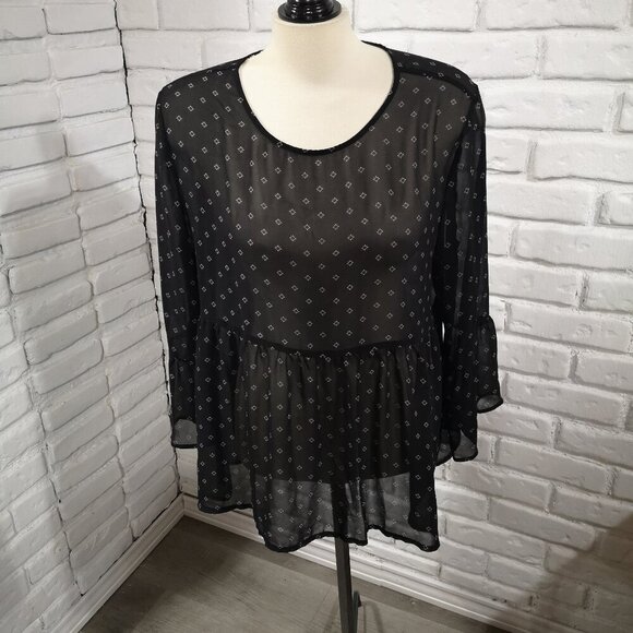 George Tops - George Ladies Size XL Black w/ Grey & Purple Pattern Loose Fit Sheer Blouse